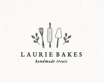 Premade Bakers Brand, Bakery Logo Design, Business Baker Brand, Rustic Food Blogger Branding, Hand drawn Logo, Whisk Cake Roller Clipart