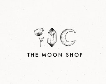 Moon Crystal Flower Premade Logo Design, Mystic Magic Feminine Moon Celestial Boho Watermark Business Branding Kit Modern Rose Gem