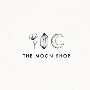 Moon Crystal Flower Premade Logo Design, Mystic Magic Feminine Moon Celestial Boho Watermark Business Branding Kit Modern Rose Gem