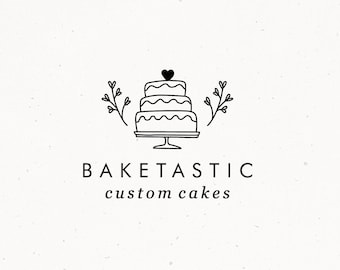 Cake Logo, Premade Baking Logo Design, Floral Business Bakery Brand, Rustic Food Blogger Branding, Baker Hand drawn Illustration Logo
