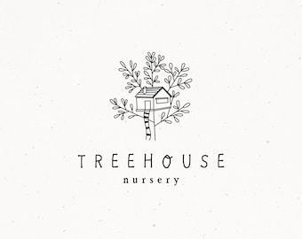 Treehouse Illustration, Treehouse Premade Logo, Botanical Logo Design, Hand drawn Treehouse, Floral Logo, Boutique Logo, Logo and Brand
