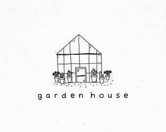 Plant Logo, Premade Logo Design, Glasshouse Logo Stamp, Garden House Clipart, Rustic Hand Drawn Branding, Gardening Plants Illustration