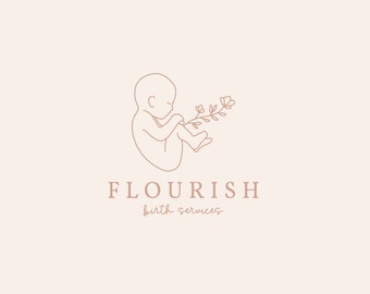 Birth Services Logo, Doula Premade Logo, Pregnancy Maternity Brand, Midwife Caregiver Branding, Baby Fetus Illustration, Floral Flower Logo
