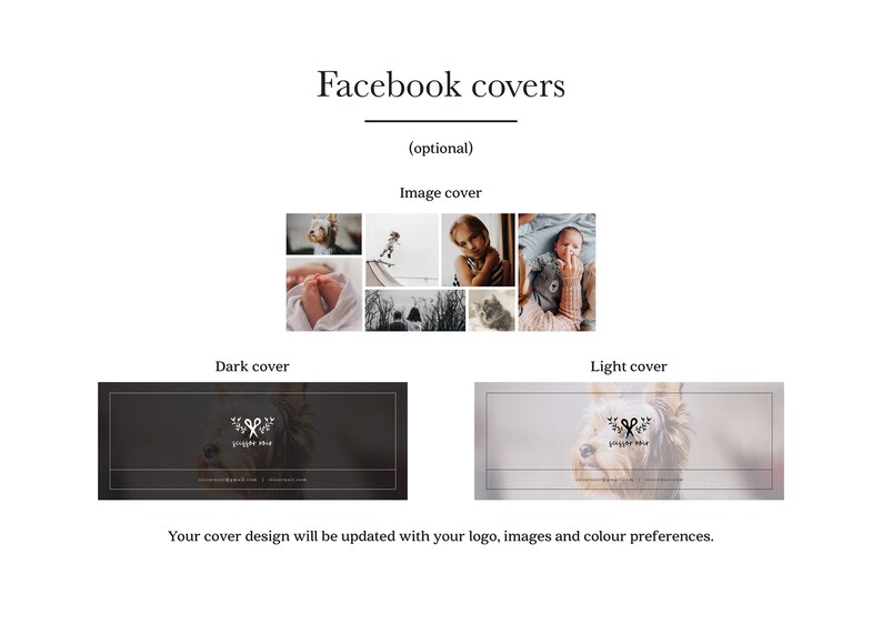 May include: Two Facebook cover designs for a photography business. The dark cover is black with a white logo that says "[logo name]" with a floral design. The light cover is white with a blurred image of a dog and the same logo in black.