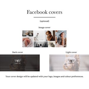 Puede incluir: Dos dise&ntilde;os de portada de Facebook para un negocio de fotograf&iacute;a. La portada oscura es negra con un logotipo blanco que dice "[nombre del logotipo]" con un dise&ntilde;o floral. La portada clara es blanca con una imagen borrosa de un perro y el mismo logotipo en negro.