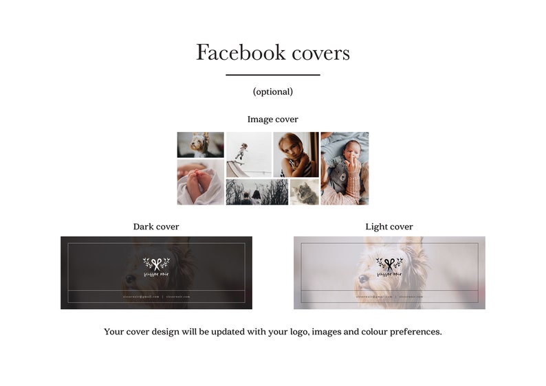 Puede incluir: Dos dise&ntilde;os de portada de Facebook para un negocio de fotograf&iacute;a. La portada oscura es negra con un logotipo blanco que dice "[nombre del logotipo]" con un dise&ntilde;o floral. La portada clara es blanca con una imagen borrosa de un perro y el mismo logotipo en negro.