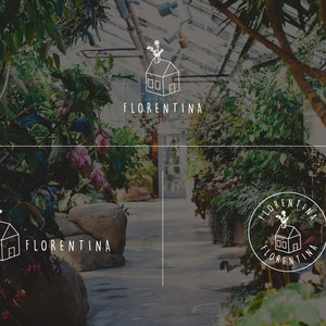 May include: A white logo design with a house and flowers on top. The text "Florentina" is below the house.