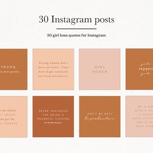 May include: Nine Instagram post templates with motivational quotes for women. The quotes are in a handwritten font and are displayed on a peach and brown background.