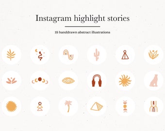 Abstract Instagram Story Highlight Icons, Earthy Insta Template Covers, Hand Drawn Modern Icons, Moon Sun Star Rainbow Eye Illustrations