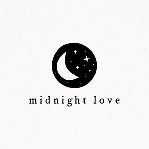 May include: Black and white illustration of a crescent moon with stars inside a circle. The text "midnight love" is below the circle.
