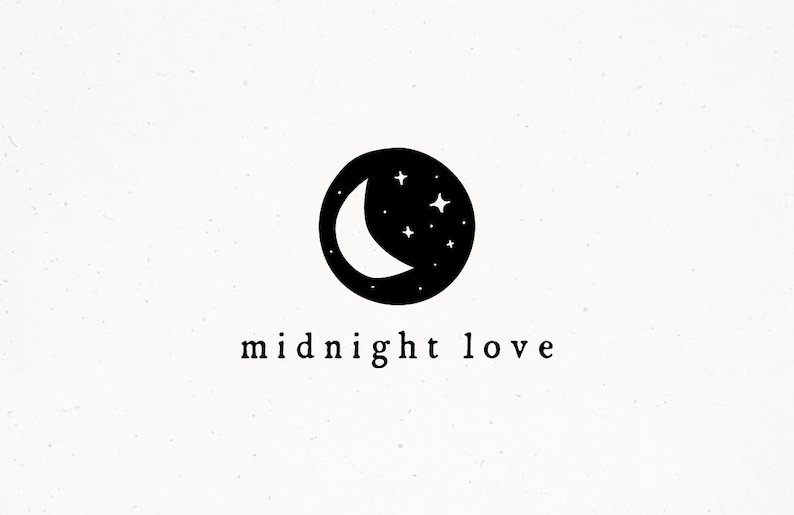 May include: Black and white illustration of a crescent moon with stars inside a circle. The text "midnight love" is below the circle.