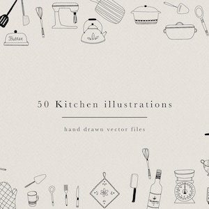 50 elementos de cozinha desenhados à mão, kit de design para design de logotipo ou cartões de receitas, clipart de utensílios para download instantâneo estacionário, kit de branding