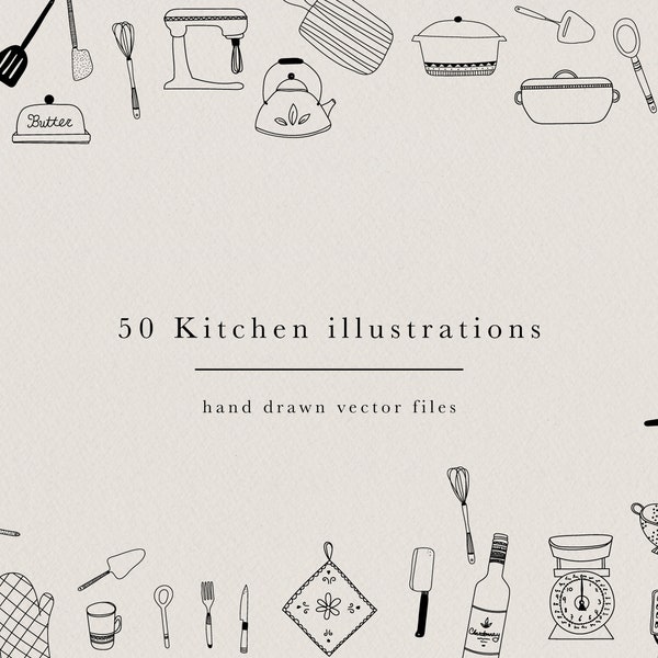 50 Hand Drawn Kitchen Element, Design Kit for Logo Design or Recipe Cards, Utensils Clip Art for Stationary Instant Download, Branding Kit