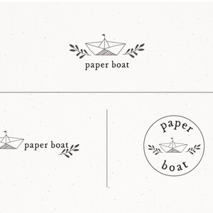 May include: A minimalist design featuring a paper boat illustration with the text "paper boat". The image includes three variations of the design: a centered logo, a horizontal layout, and a circular logo.