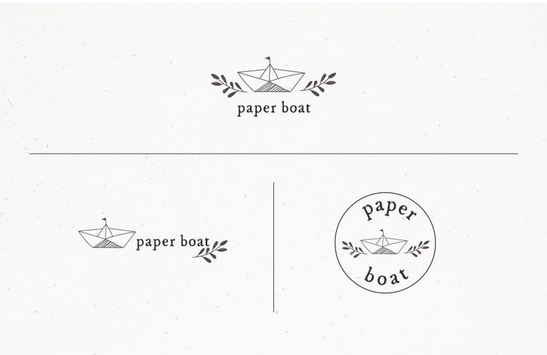 May include: A minimalist design featuring a paper boat illustration with the text "paper boat". The image includes three variations of the design: a centered logo, a horizontal layout, and a circular logo.