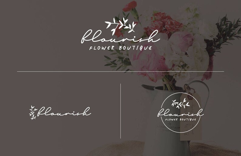 Może przedstawiać: Białe logo z tekstem "flourish flower boutique" i prostym wzorem kwiatowym. Logo jest wyświetlane na szarym tle.