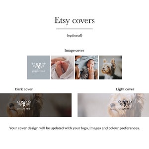 Puede incluir: Plantilla de dise&ntilde;o de portada de tienda Etsy con un fondo gris claro y un logotipo blanco con el texto "jogger noir" y un par de tijeras con un dise&ntilde;o de hojas. La plantilla tiene una opci&oacute;n de fondo gris oscuro y gris claro.