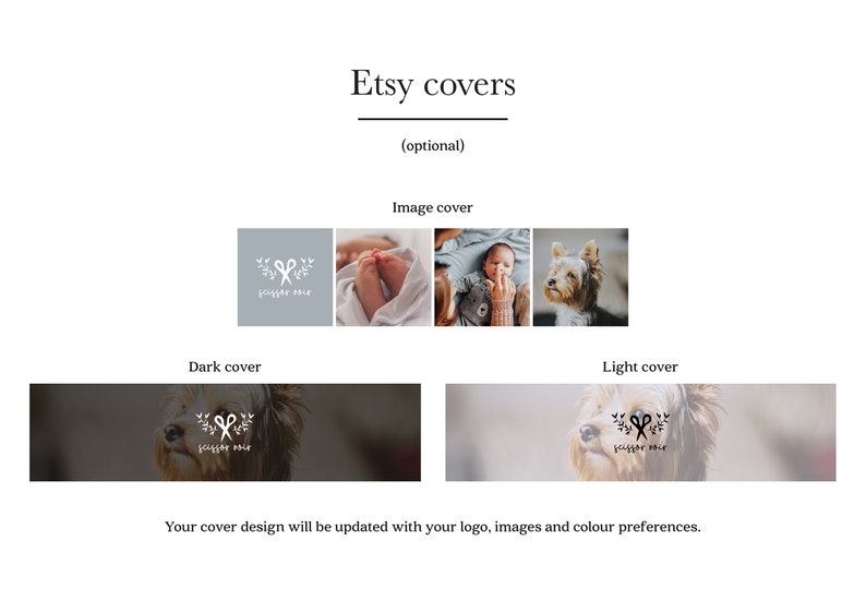 Puede incluir: Plantilla de dise&ntilde;o de portada de tienda Etsy con un fondo gris claro y un logotipo blanco con el texto "jogger noir" y un par de tijeras con un dise&ntilde;o de hojas. La plantilla tiene una opci&oacute;n de fondo gris oscuro y gris claro.