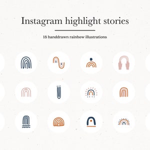 18 Instagram Story Highlight Icons, Rainbow Instagram Story Highlight Icons, Navy Insta Template Covers, Hand Drawn Modern Icons