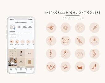 Könnte beinhalten: Ein Set mit 18 handgezeichneten Instagram-Highlight-Covern mit Icons wie einer Biene, Sonne, Mond, Schmetterling, Blume, Berg und Regenbogen. Die Icons sind im minimalistischen Stil mit braunem Umriss auf hellrosa Hintergrund gehalten.