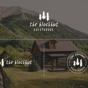 May include: A rustic cabin in the woods with a logo for "the blockhut guesthouse" featuring a stylized image of three pine trees. The logo appears in two variations: one with the text below the trees and another with the text in a circle around the trees.