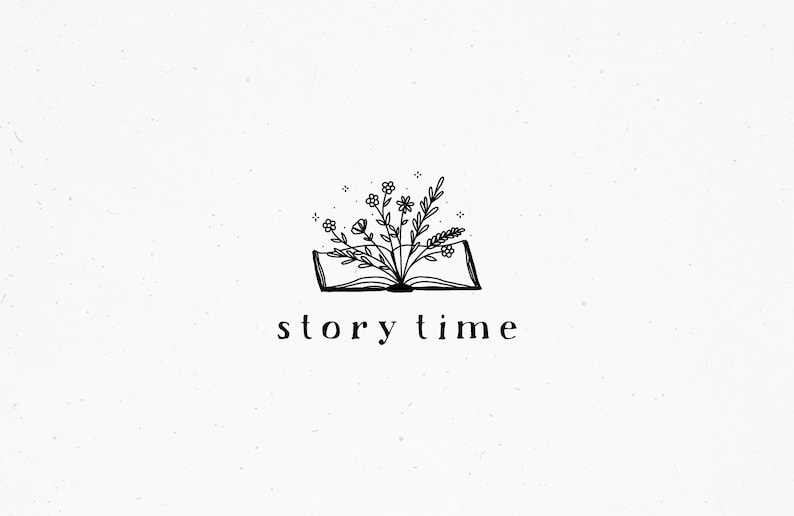 May include: Black and white illustration of an open book with flowers growing out of it. The text "story time" is below the book.