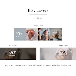 May include: Etsy shop cover design template with a light gray background and a white logo with the text "jogger noir" and a pair of scissors with a leaf design. The template has a dark gray and a light gray background option.