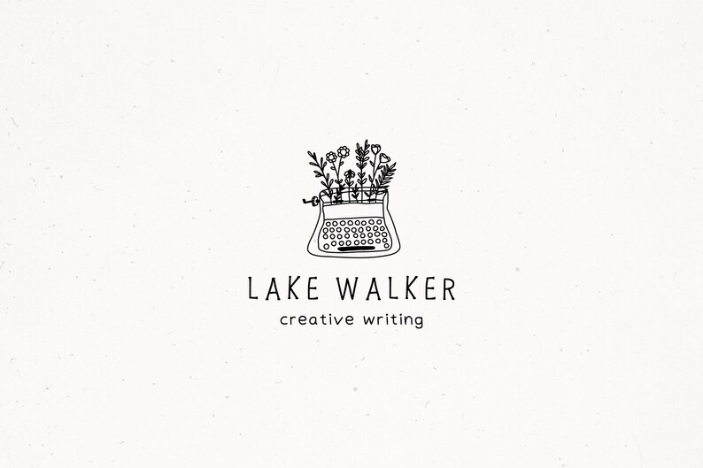 Typewriter Logo, Premade Logo Design, Story Logo Stamp, Typewriter Flower Clipart, Floral Writers Logo Design, Rustic Hand Drawn Branding image 1