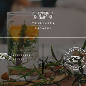 Premade Logo Branding Set for Tea House Botanical Leaf Tea Cup Illustration Watermark Graphic Design Tea Room Professional Handmade Pre-made