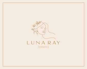 Może przedstawiać: Logo z rysunkiem liniowym dla Luna Ray Jewelry przedstawiające twarz kobiety z kwiatami we włosach.