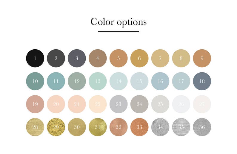 May include: Color palette chart with 36 different color options. The colors are arranged in rows and columns, with each color labeled with a number from 1 to 36.