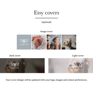 May include: Etsy shop cover design template with a light gray background and a white logo with the text "jogger noir" and a pair of scissors with a leaf design. The template has a dark gray and a light gray background option.