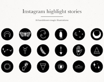 Puede incluir: Conjunto de 18 iconos de historias destacadas de Instagram en blanco y negro que presentan varios símbolos mágicos y celestiales, incluidas lunas, estrellas, cristales, mariposas y manos.
