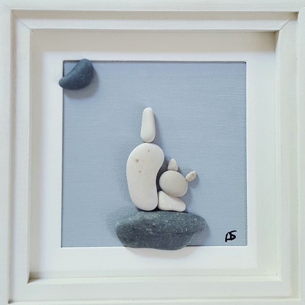 Pebble art, Galet, Cadre, Tableau, fait-main, Handmade,cadeau, gift : chat blanc qui s'étire