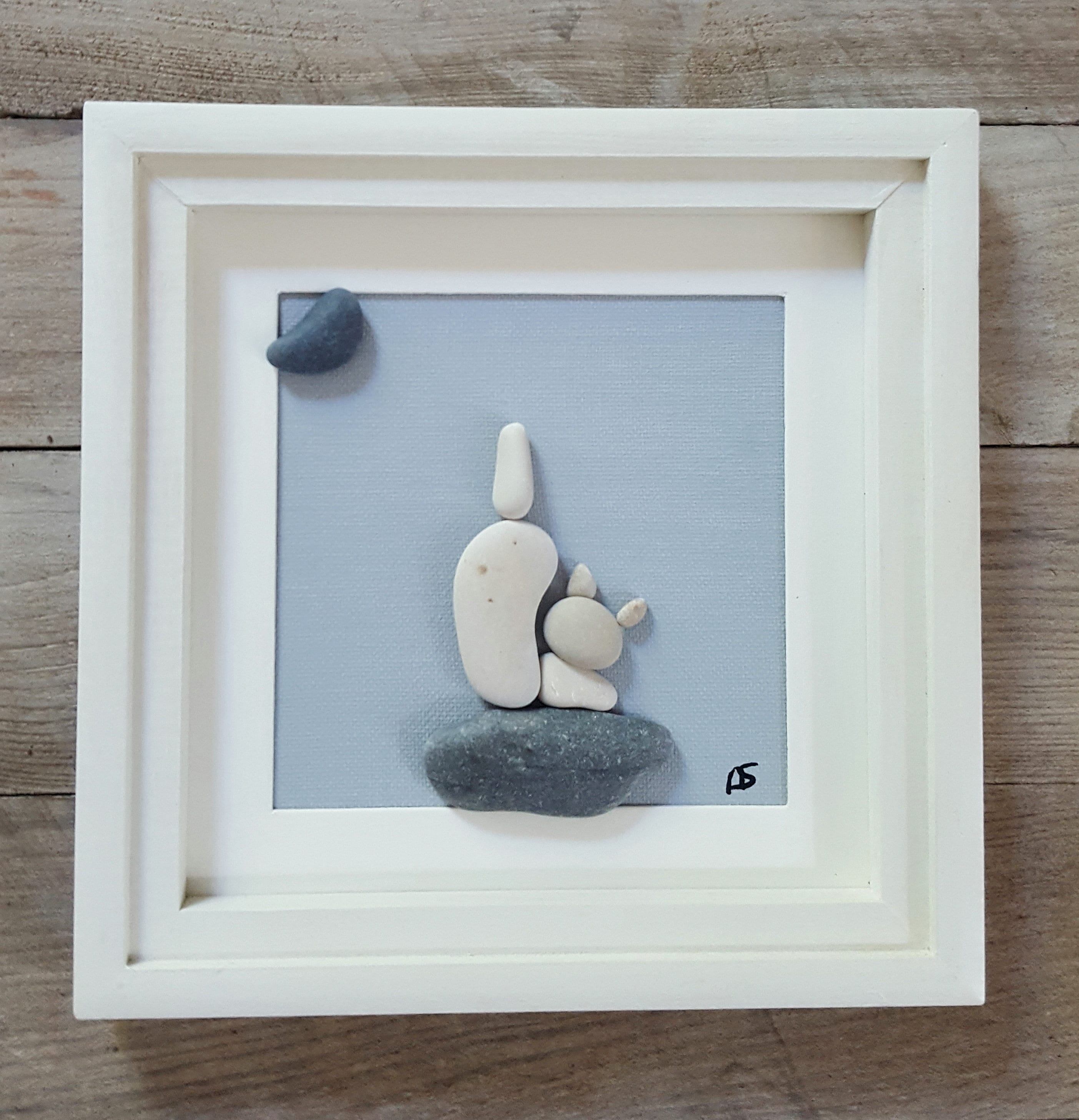 Pebble Art, Galet, Cadre, Tableau, Fait-Main, Handmade, Cadeau, Gift Chat Blanc Qui S'étire