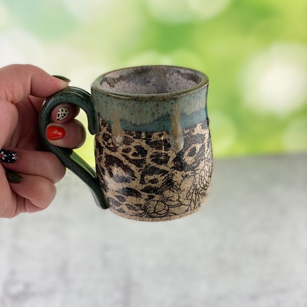 Stoneware Mug, Speckled Clay, leopard print and contrasting peony design, teal rim. coffee cup, tea mug, bold pattern, unique gift.