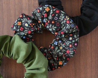 set of 3 eco-friendly scrunchies black green and floral, recycled cotton hair ties, sustainable hair band, upcycled zero waste bun maker