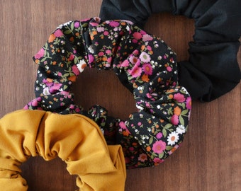 set of 3 eco-friendly scrunchies orange floral and black, recycled cotton hair ties, sustainable hair band, upcycled zero waste bun maker