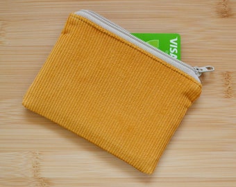 recycled corduroy credit card holder, tiny retro yellow zipper pouch, eco-friendly zero waste vegan coin purse, sustainable change wallet