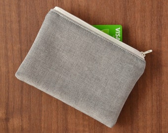 upcycled velvet zipper pouch, sustainable light gray women's cash bag, small eco-friendly coin purse, zero waste vegan credit card holder