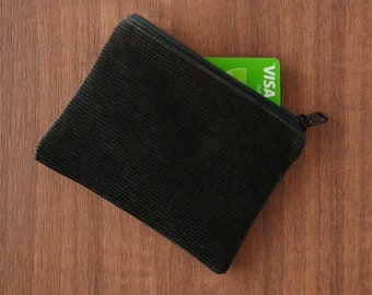 upcycled black corduroy credit card holder, tiny zipper pouch cash wallet, eco-friendly zero waste vegan coin purse, sustainable change bag