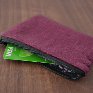linen credit card holder, tiny zipper pouch, zero waste vegan coin purse, sustainable minimalist change bag, eco friendly simple wallet Purple