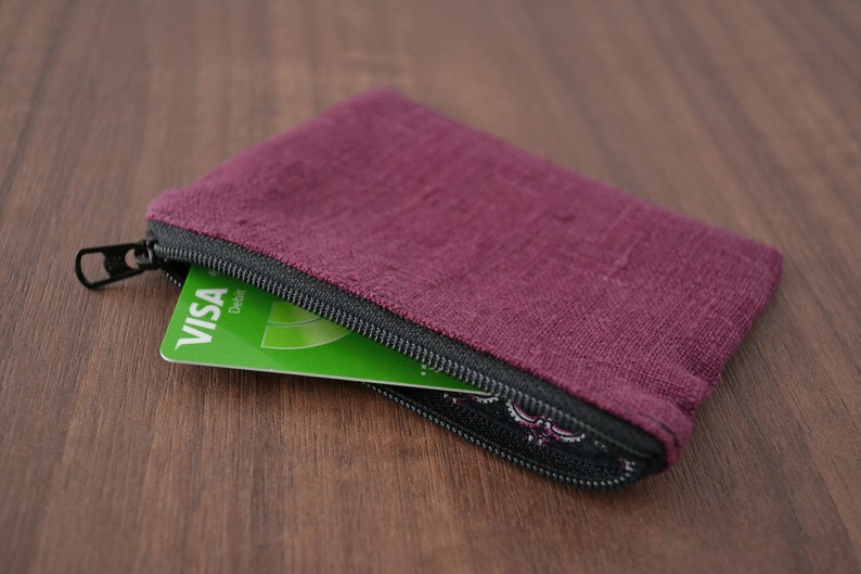 linen credit card holder, tiny zipper pouch, zero waste vegan coin purse, sustainable minimalist change bag, eco friendly simple wallet Purple