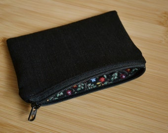 credit card holder black upcycled denim, tiny zipper pouch coin purse, zero waste vegan minimalist change bag, eco friendly sustainable