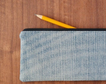 small upcycled denim pencil case blue, zero waste vegan makeup purse, eco-friendly zipper pouch, ethical tiny zip bag, sustainable vanity