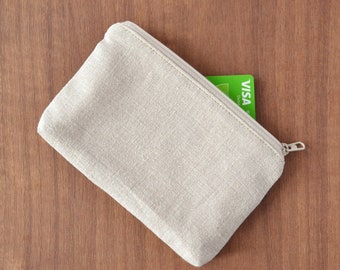 upcycled linen zipper pouch, small beige coin purse zero waste vegan, eco-friendly credit card holder, natural sustainable ethical cash bag