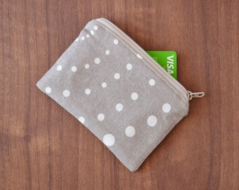 recycled cotton credit card holder, tiny gray zipper pouch with white dots, eco-friendly zero waste vegan coin purse, sustainable change bag
