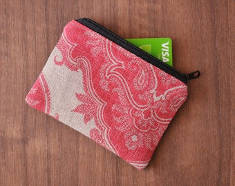 upcycled linen credit card holder pink ethnic print, tiny eco-friendly zipper pouch, sustainable zero waste vegan change bag, women's wallet