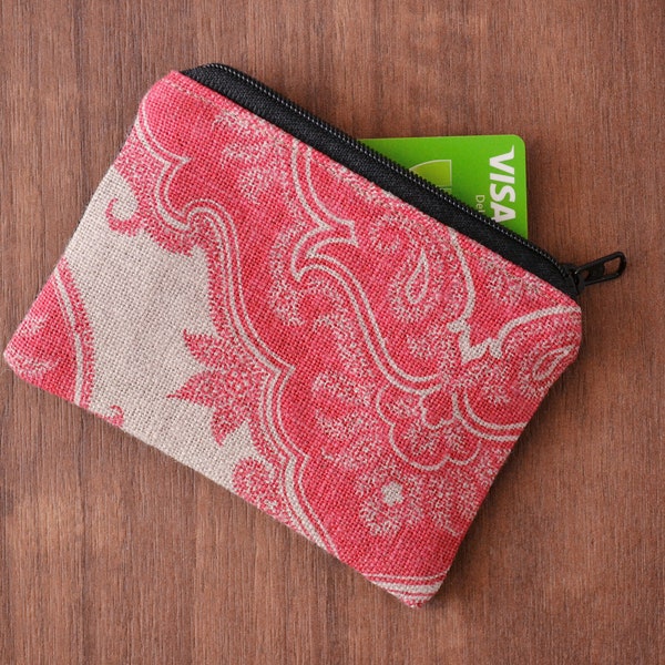 porte-cartes de crédit en lin recyclé rose, imprimé ethnique rose, petite pochette à fermeture éclair écologique, sac à langer végétalien durable zéro déchet, portefeuille pour femme