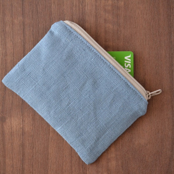 minimalist linen wallet, light blue credit card holder, eco-friendly small zipper pouch, sustainable tiny coin purse, vegan change/cash bag